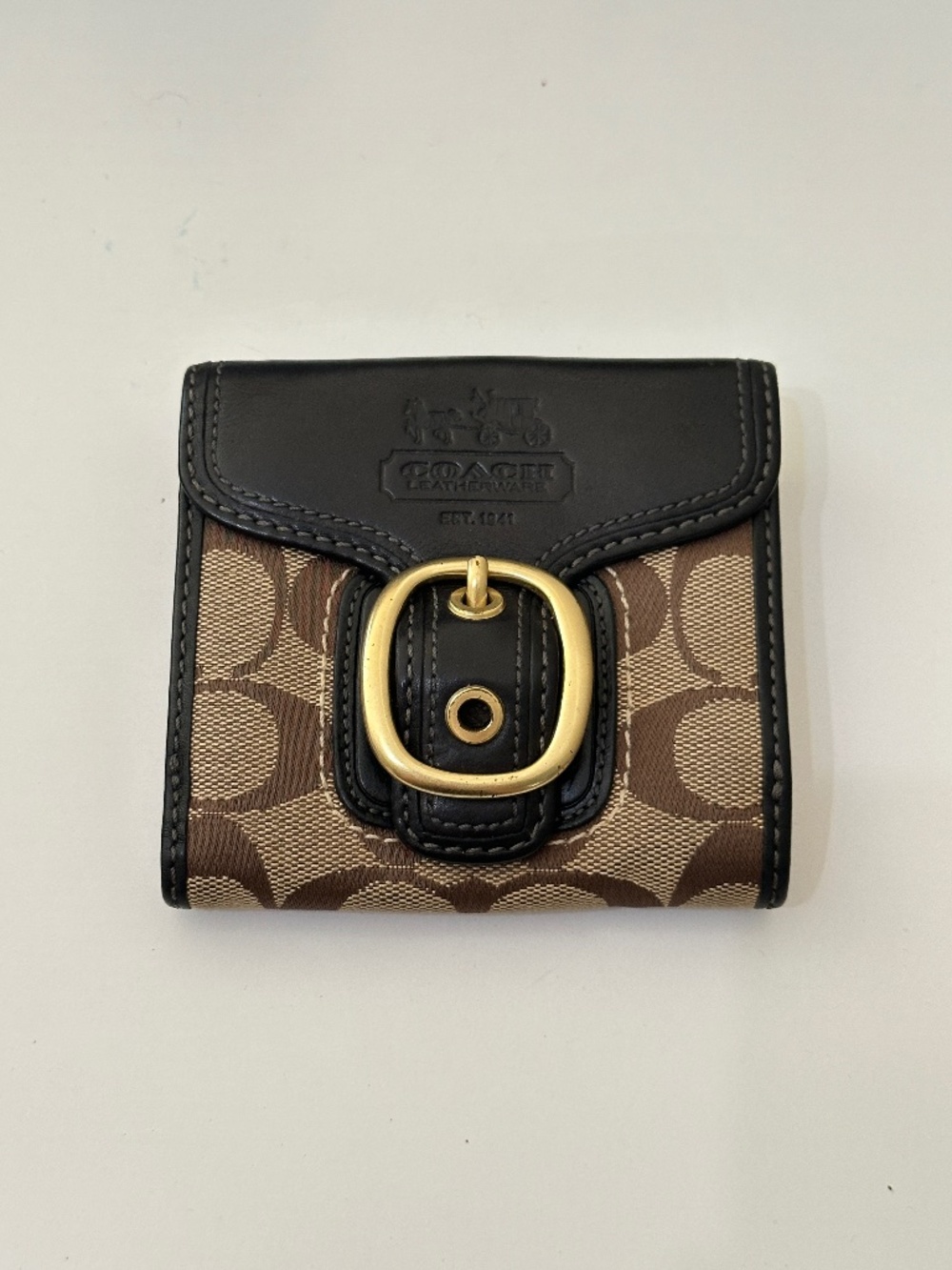 Vintage Coach Bleecker Brown And Black Signature Brass Buckle Bi-fold Wallet Y2K